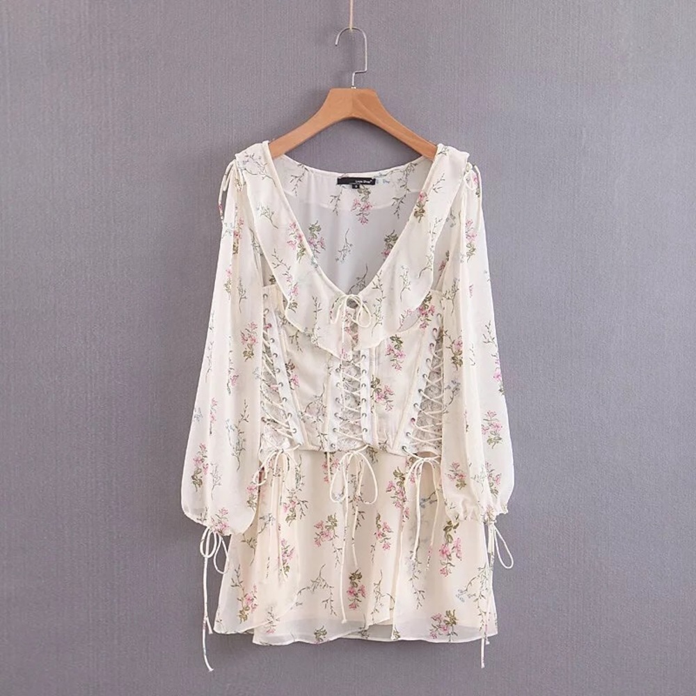 Corset dress lace up floral womens 2PCSet sexy - Picture 4 of 11